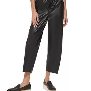 DKNY‎ Faux Leather Drawstring Pants XL NWT Black Cropped Soft Lined Raw Hem